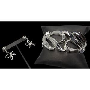 Vintage Silvertone Openwork Hinged Clamper Bracelet and Pierced Earrings Set